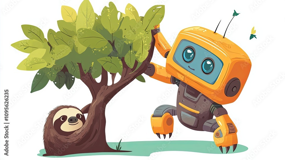Poster a friendly robot interacting with a sloth in a tree