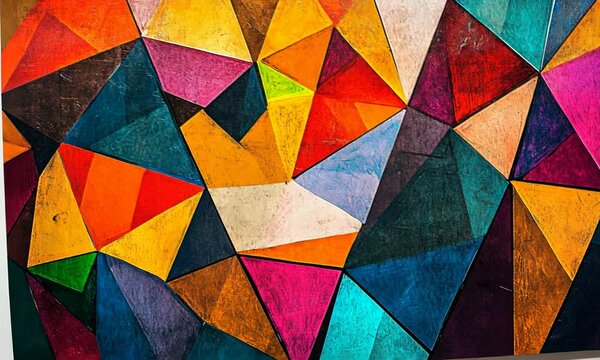 Abstract colorful geometric pattern with vibrant triangles.