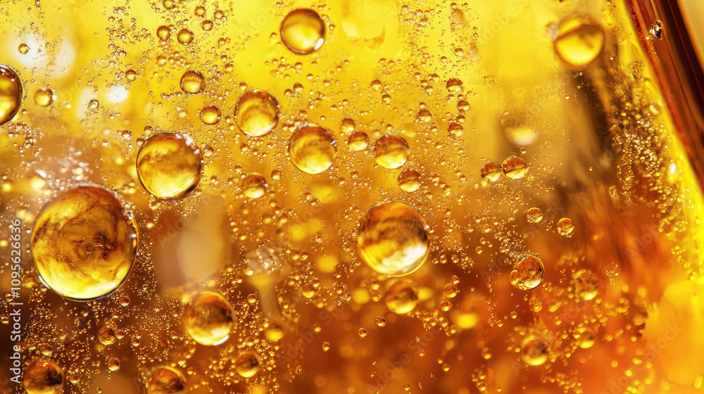 Poster close-up of golden bubbles in a refreshing drink, showcasing textures and light reflections in a vib