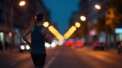 A determined runner navigating city streets under glowing streetlights during twilight hours