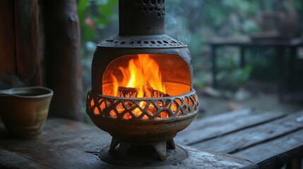 a metal stove with a fire inside