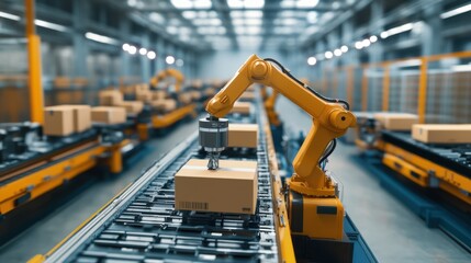 Fototapeta premium automated assembly line with robotic arms moving products on a conveyor belt