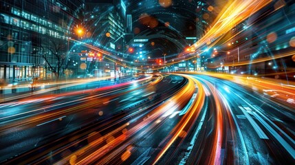 Fototapeta premium A vibrant night scene of illuminated traffic trails on a city street.