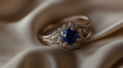 Fototapeta premium Elegant Sapphire Engagement Ring with Diamond Accents on Luxurious Fabric, Showcasing Timeless Beauty and Unique Design for Special Occasions