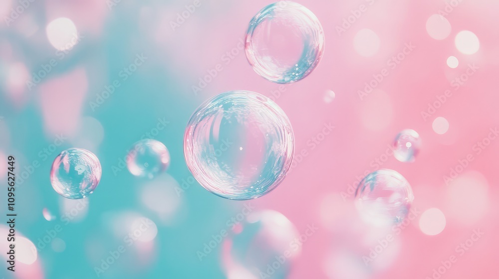 Poster delicate soap bubbles floating against a colorful background of soft pink and aqua, creating a dream
