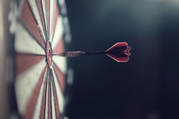 Dart striking bullseye on dartboard in dim light with dramatic focus