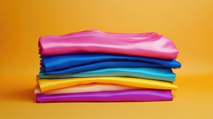 Vibrant Stack of Smooth and Shiny Fabrics Piled on a Bright Yellow Background Showcasing Colorful Textiles Perfect for Fashion and Design Projects