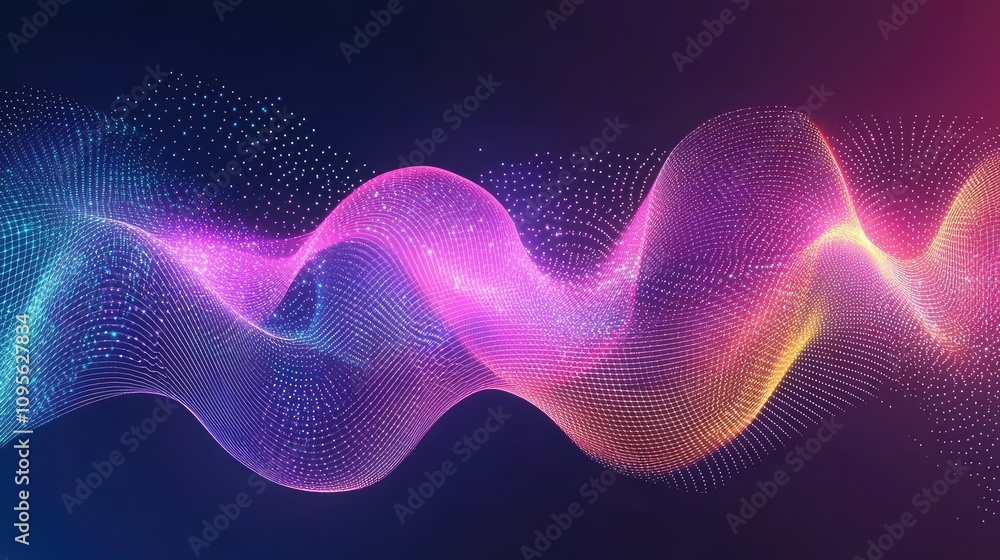 Poster vibrant abstract wave pattern with colorful dots and smooth gradients, representing digital art and 