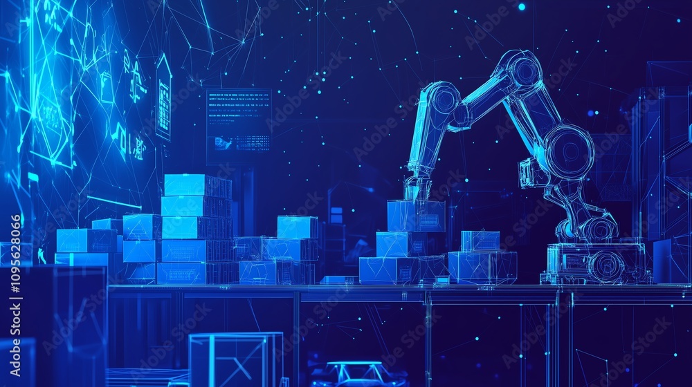 Poster abstract autonomous robots sorting and organizing goods, highlighted by low poly wireframe, glowing 