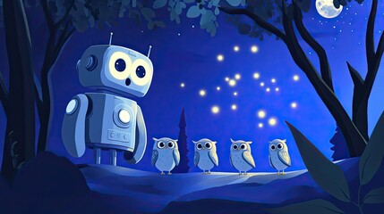 Fototapeta premium A Robot and Three Owls Under a Night Sky with a Full Moon