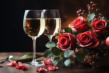 Valentines day table setting red roses and champagne glasses on concrete background. Valentine's greeting card - Image.   