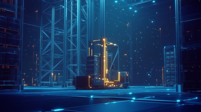 Abstract Vertical Robotic Lifts Moving Pallets to Upper Storage Levels, Highlighted by Low Poly Wireframe, Glowing Particles, and Futuristic Lines on a Dark Blue Background.