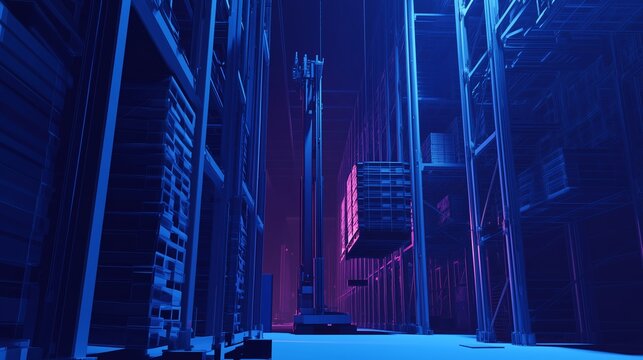 Abstract Vertical Robotic Lifts Moving Pallets to Upper Storage Levels, Highlighted by Low Poly Wireframe, Glowing Particles, and Futuristic Lines on a Dark Blue Background.