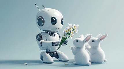 Obraz premium A White Robot Offering Flowers to Two White Rabbits