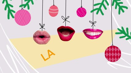 Creative sketch motion art collage of faceless mouth sing la la new year song hang bauble tree branch event tradition