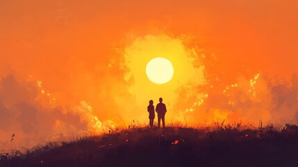 Fototapeta premium A couple standing on a hilltop, watching the sun dip below the horizon, the sky awash with golden hues.