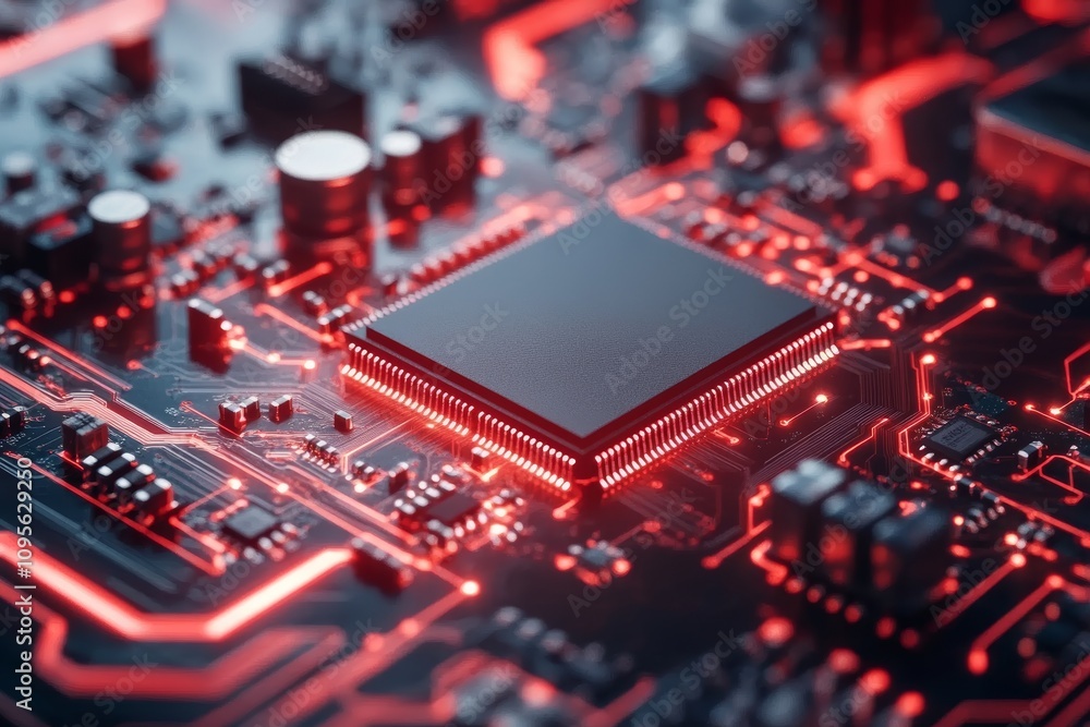 Poster high-tech microchip on red circuit board with glowing traces