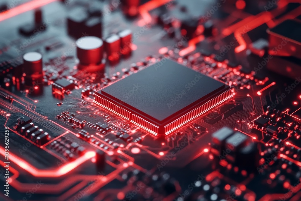 Poster glowing red circuit board with central microchip in focus