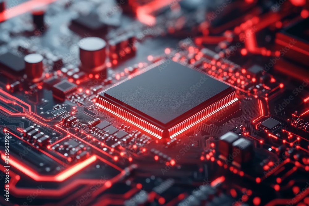 Poster close-up of advanced red-lit circuit board with glowing microchip