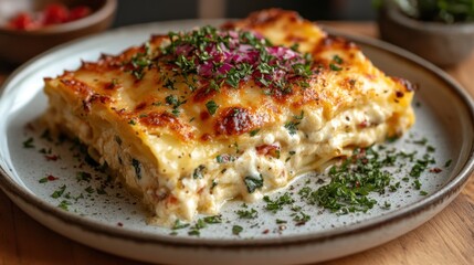 a plate of lasagna on a white surface