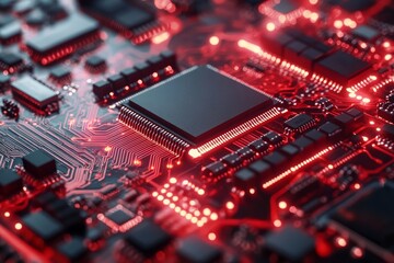 Obraz premium Glowing red circuit board with microchip and intricate electronic components