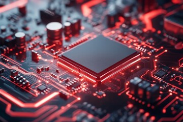 Fototapeta premium High-tech microchip on red circuit board with glowing traces