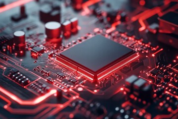 Fototapeta premium Glowing red circuit board with central microchip in focus