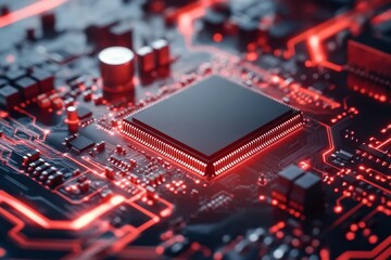 Close-up of a glowing red circuit board with central microchip