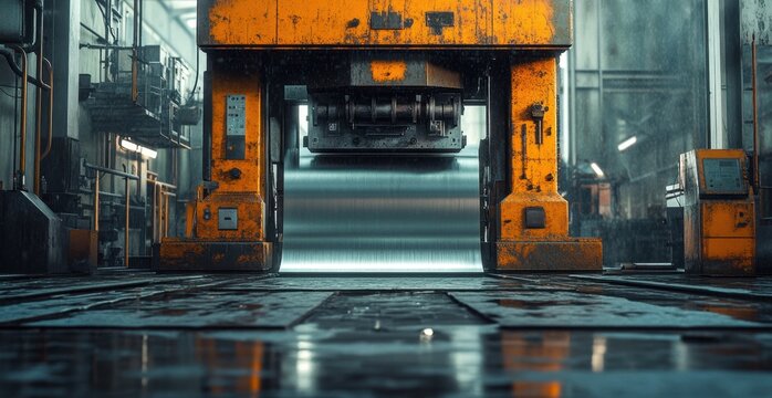  large hydraulic press machine operating on a metal sheet - Powered by Adobe