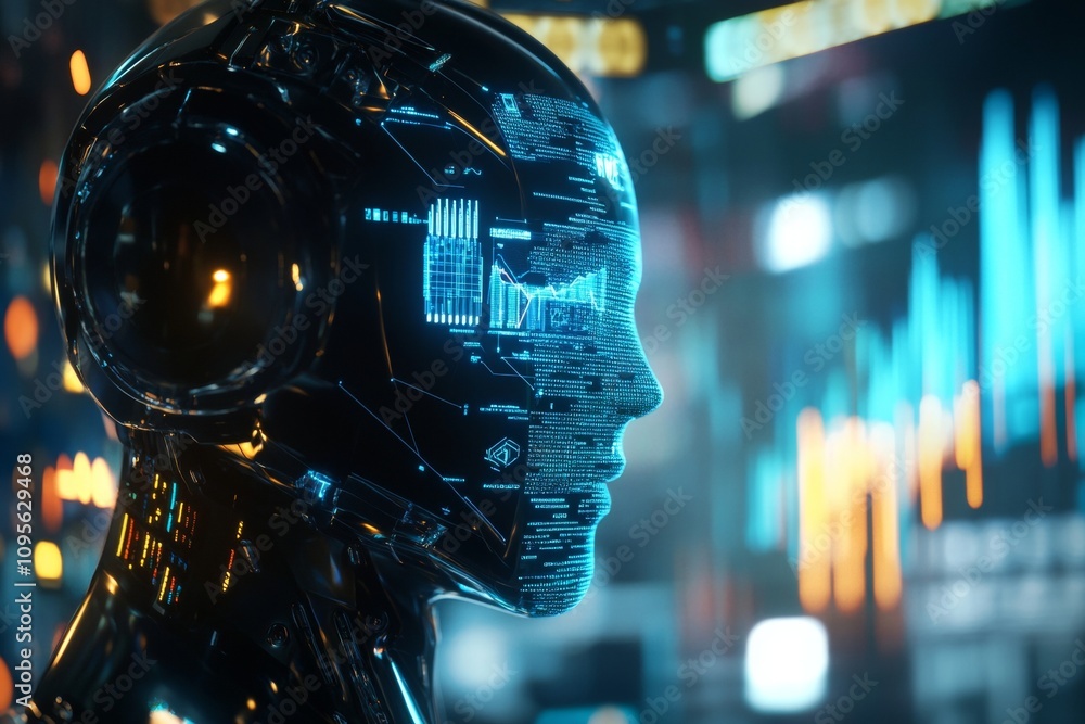 Poster futuristic ai robot with digital interface in neon-lit environment
