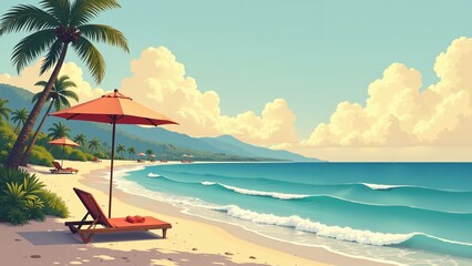 Relaxation on a sunlit beach with palm trees and gentle waves during a serene summer afternoon