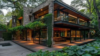 Fototapeta premium Modern architectural home surrounded by greenery, featuring large glass windows and natural materials.