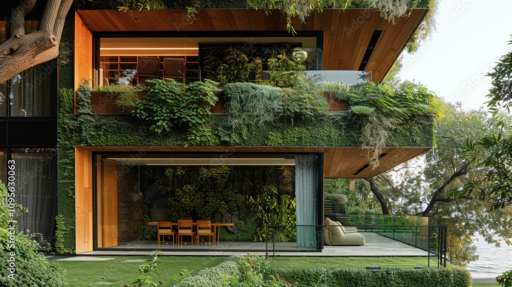 Poster modern architectural design with greenery, blending nature and structure.