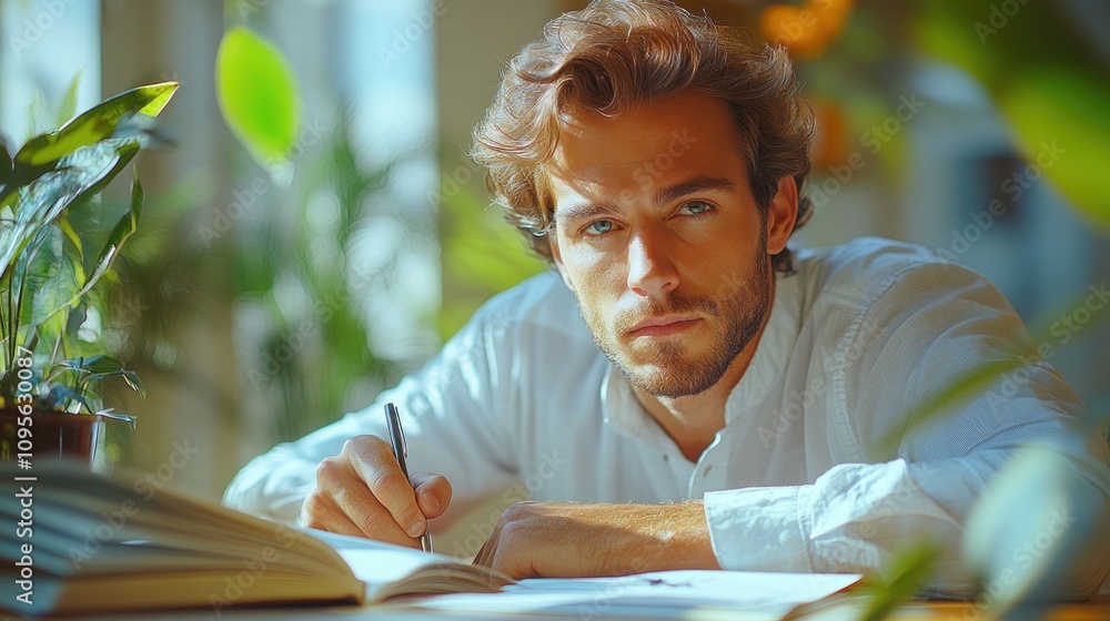 Poster man writing in a notebook