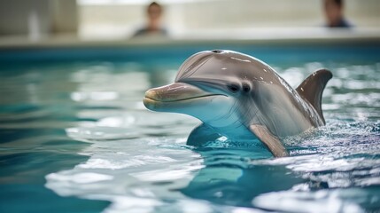 Naklejka premium A dolphin in a rehabilitation tank, receiving medical attention for a fin injury, with trainers monitoring its progress.