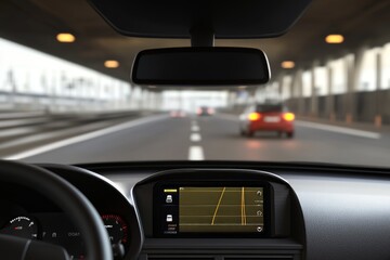 Car interior, dashboard navigation system, highway view, traffic ahead