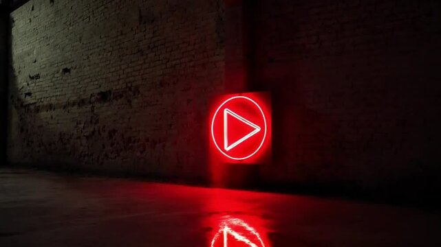 Sign play video button Youtube intro video red and glowing play button on wall prologue introduction template player dark and moody