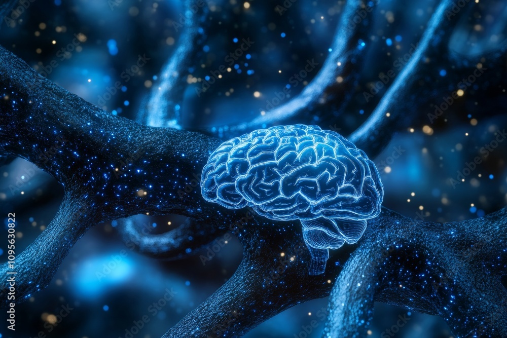 Poster digital neural network: abstract glowing blue brain amidst cosmic patterns