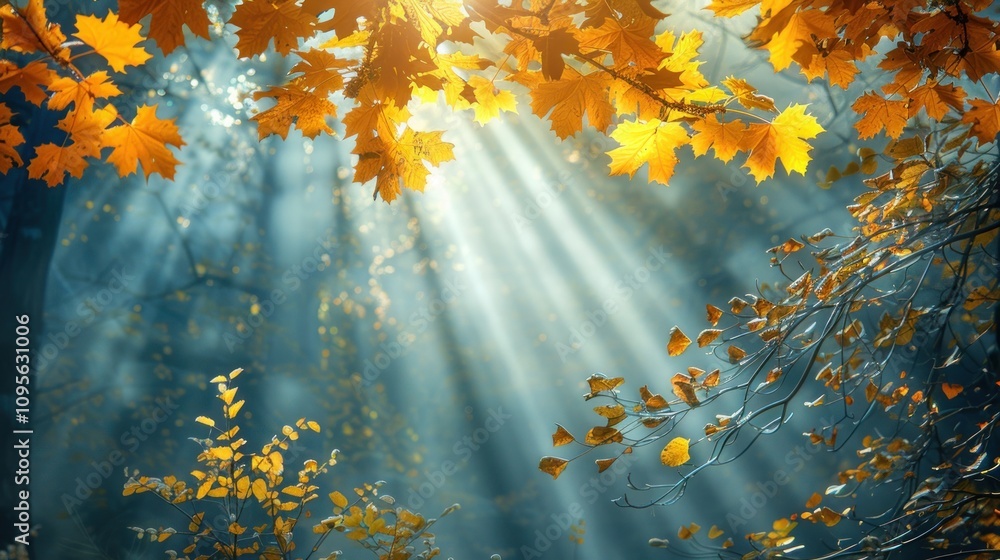 Poster sunlight filtering through autumn leaves in a serene forest setting.