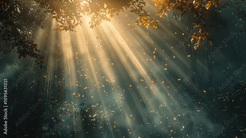 Poster sunlight filters through trees, illuminating falling leaves in a serene forest setting.