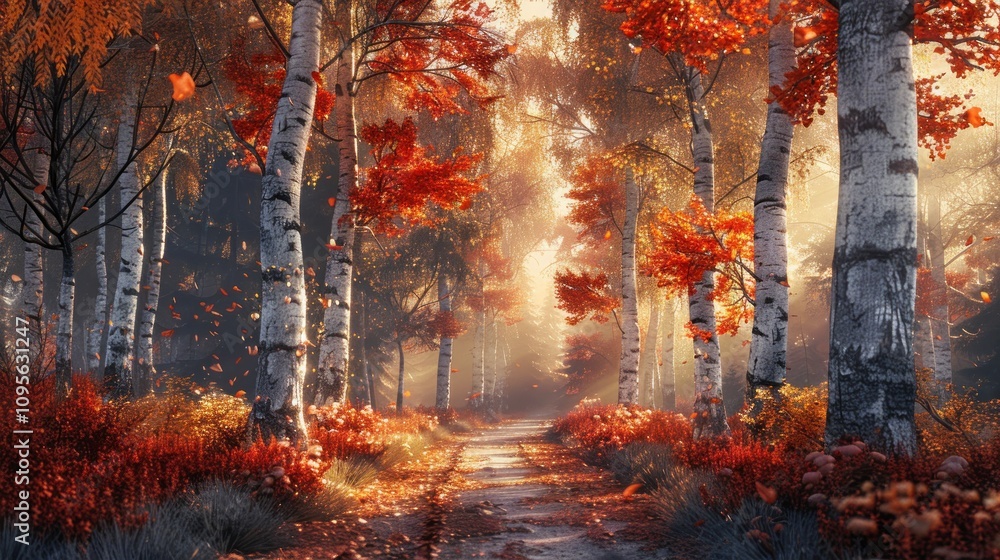Poster a serene autumn forest path with vibrant foliage and soft light filtering through trees.