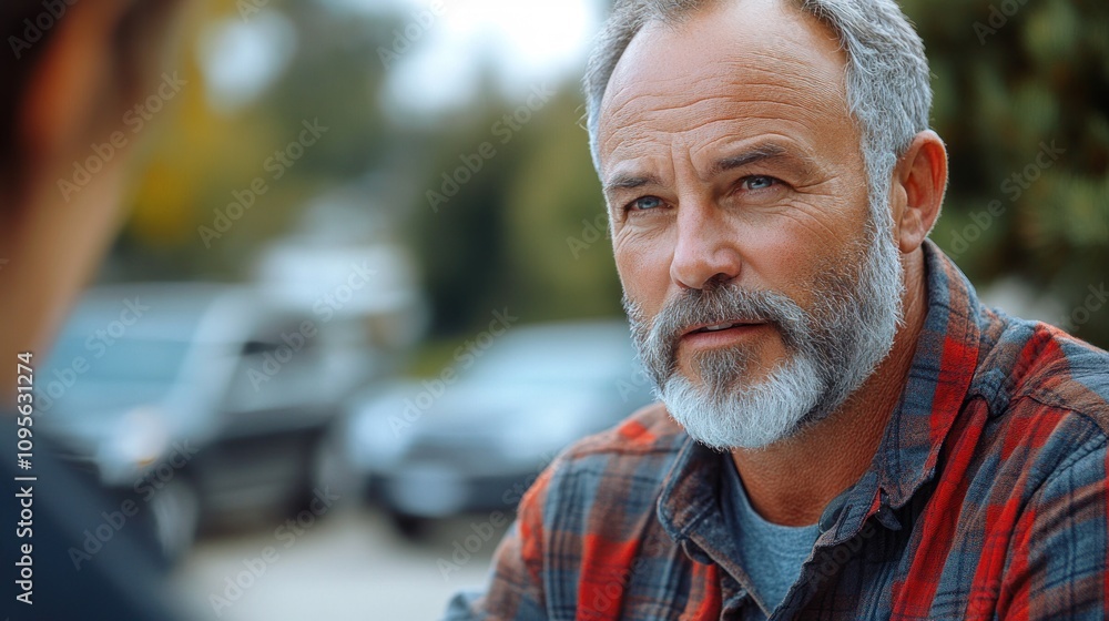 Poster man with beard looking directly at camera