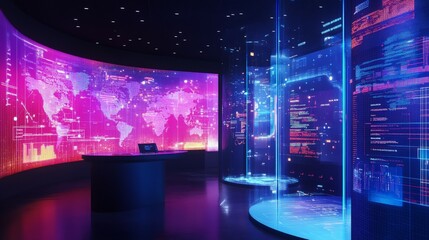 A futuristic data science lab with holographic screens displaying global data metrics and interactive visualizations.