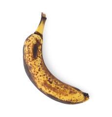 Overripe banana with dark spots isolated on white, top view