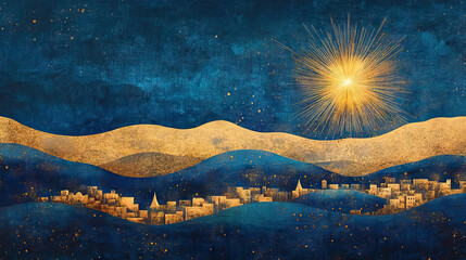 Epiphany banner with radiant star over a hilly desert landscape with towns, symbolizing the journey of the Magi, in deep blues and golden highlights with copy space.