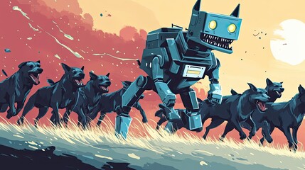 A mechanical dog leads a pack of wolves through a field