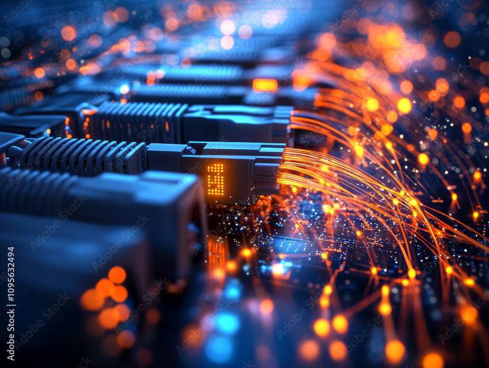 Aufkleber futuristic data network with glowing cables and connectors, showcasing advanced technology and vibra