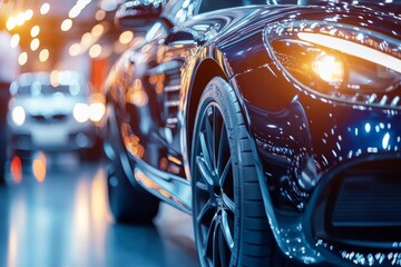 Sleek blue sports car in modern showroom with lights and reflections