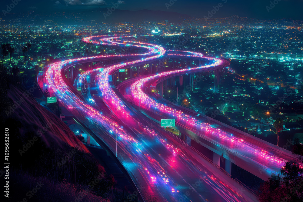 Poster vibrant digital communication highway illuminated by flowing data streams, showcasing mesmerizing ni
