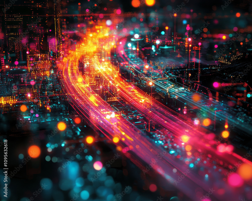 Poster vibrant digital communication highway filled with colorful data streams, showcasing futuristic citys